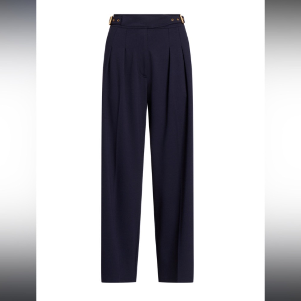 Navy pants with self brass belt, size 10